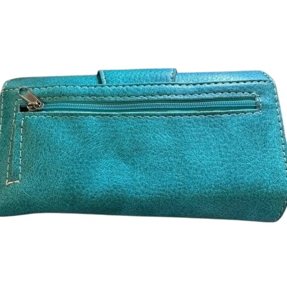 Western Turquoise Embroidered Floral Buckle Tri-Fold Wallet Crossbody Ready - Picture 2 of 10